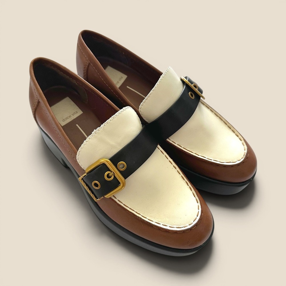 Dolce Vita Loafers Yonder Womens 6.5 Platform Leather Buckle  Brown Cream Black